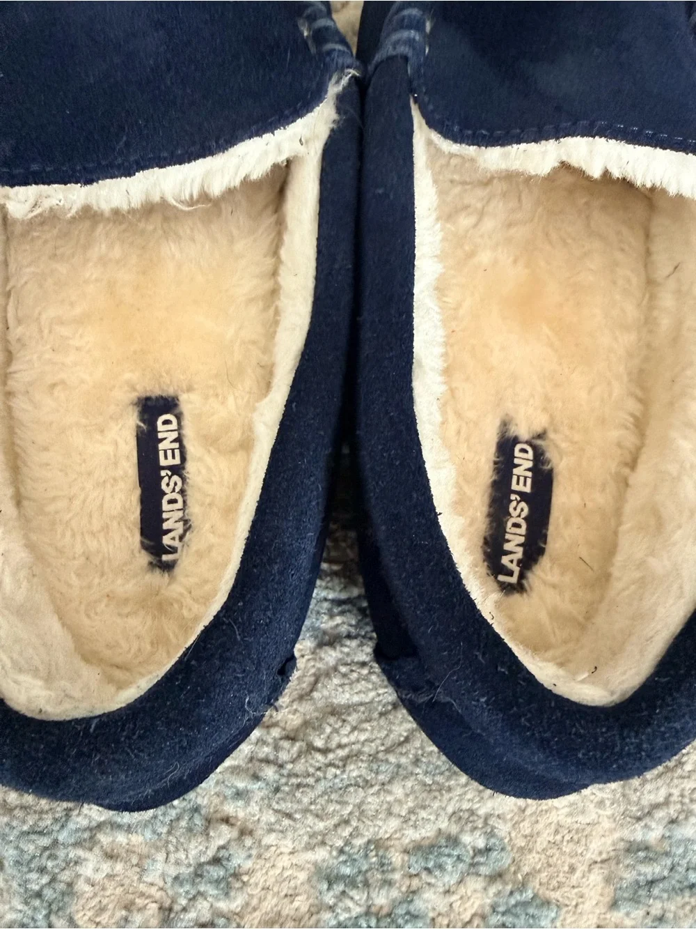 Lands' End Youth Navy Suede Moccasin Slippers (size 5m)